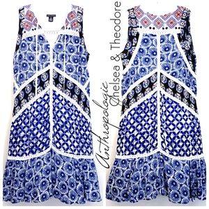 Anthropologie Chelsea & Theodore  Blue & White Geometric Sleeveless Dress
